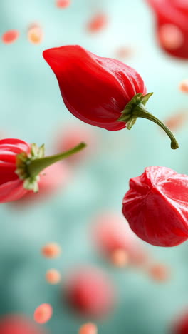 floating red chili peppers in mid-air. red chili peppers hover against a soft blue backdrop, highlighting their vibrant color and unique shape.
