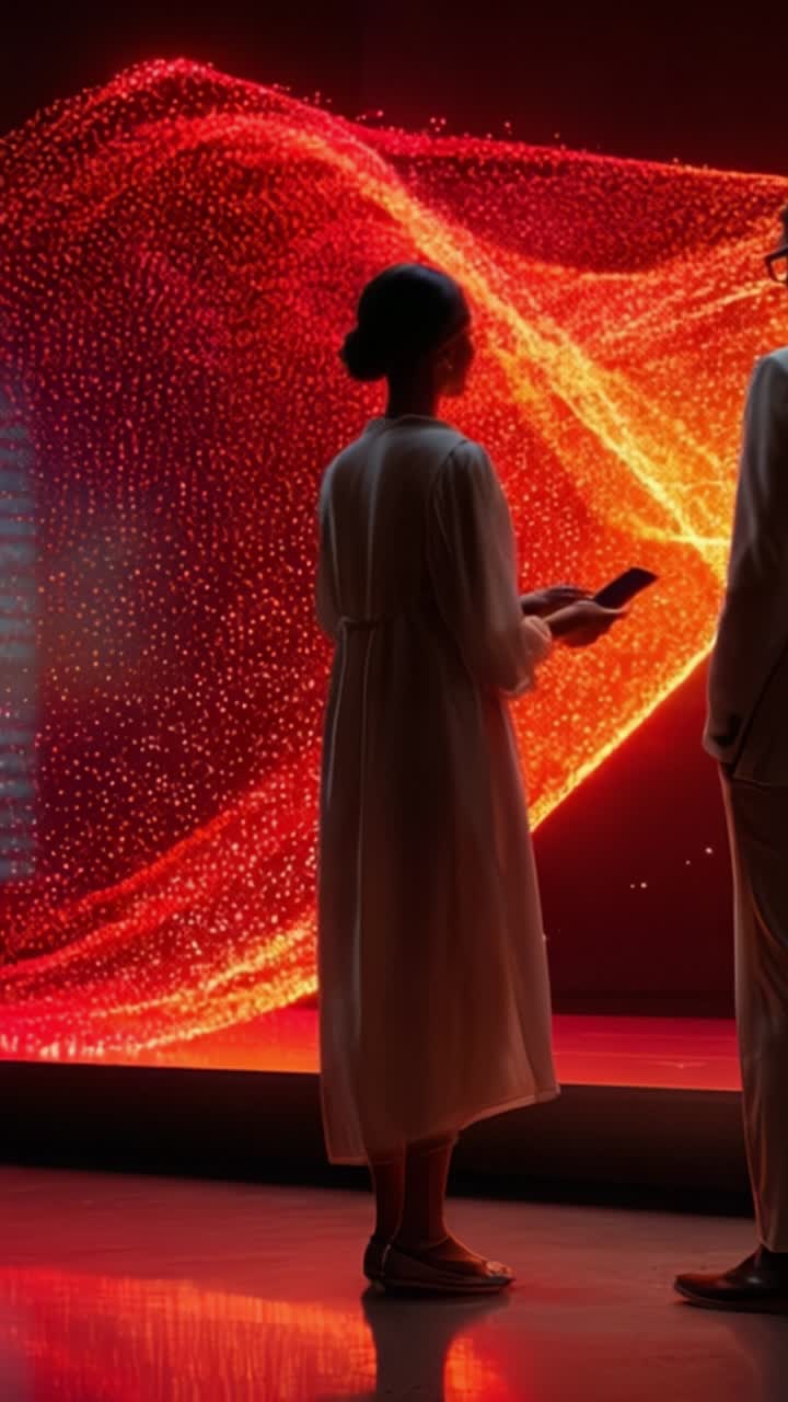 Una Mostra Ipnotizzante di Arte Digitale: Un'Interazione Accattivante con Elementi Visivi Luminosi che Fondono Tecnologia e Creatività in un Contesto Coinvolgente.