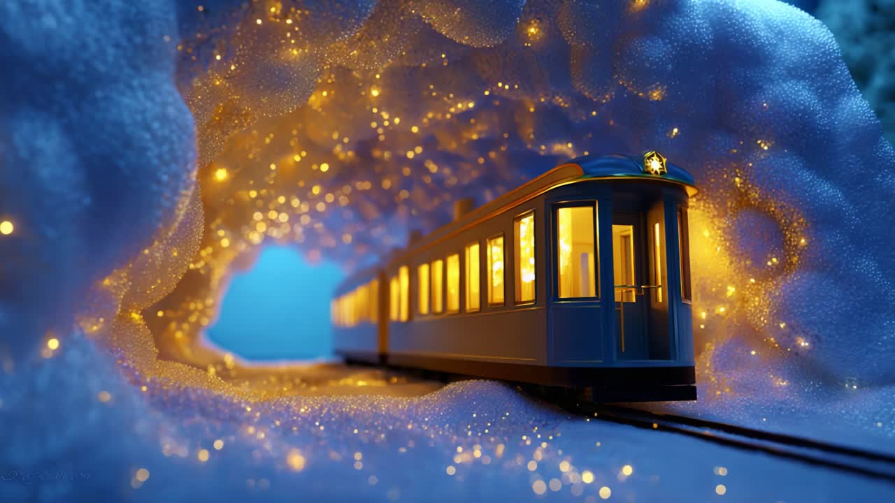 A Magical Winter Scene Featuring a Enchanted Train Gliding Through a Sparkling Snowy Tunnel, Illuminated by Glowing Lights Against a Beautiful Blue Background in a Cozy, Dreamlike Atmosphere