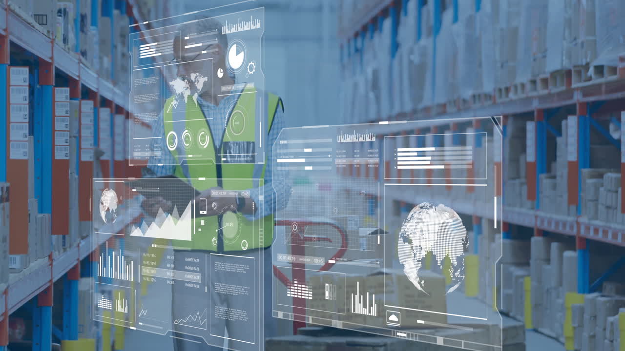 trabajador de almacén que utiliza tableta, análisis de datos y animación logística sobre estantes