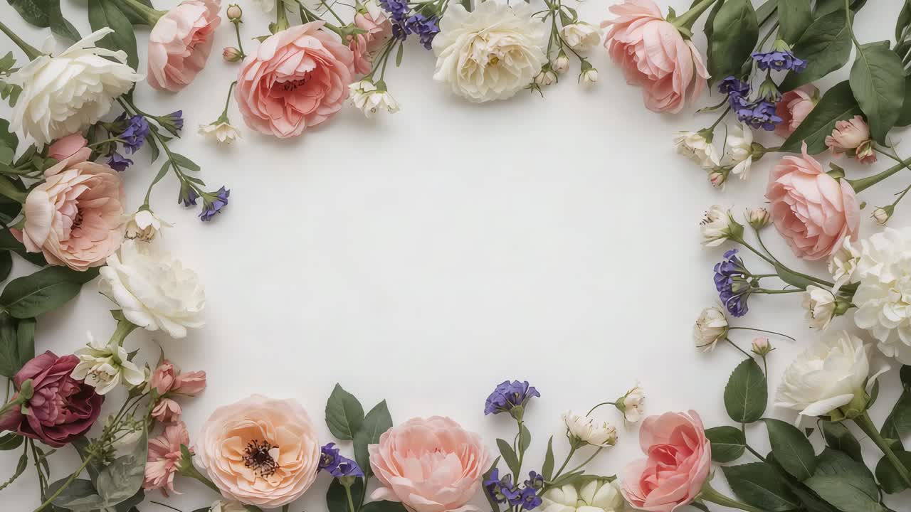 La telecamera si stringe su una corona che si sposta leggermente su un tavolo bianco, rose rosa pallido e fogliame verde che si protende verso il centro.