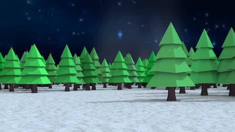 Snow-falling-over-multiple-trees-on-winter-landscape-against-blue-shining-stars-in-night-sky