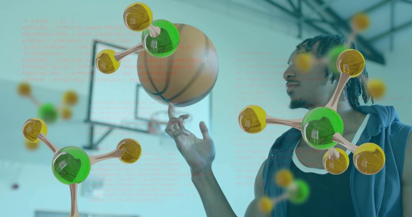 Man placing ball on fingertip balancing spinning ball with molecules showing science fusion in gym