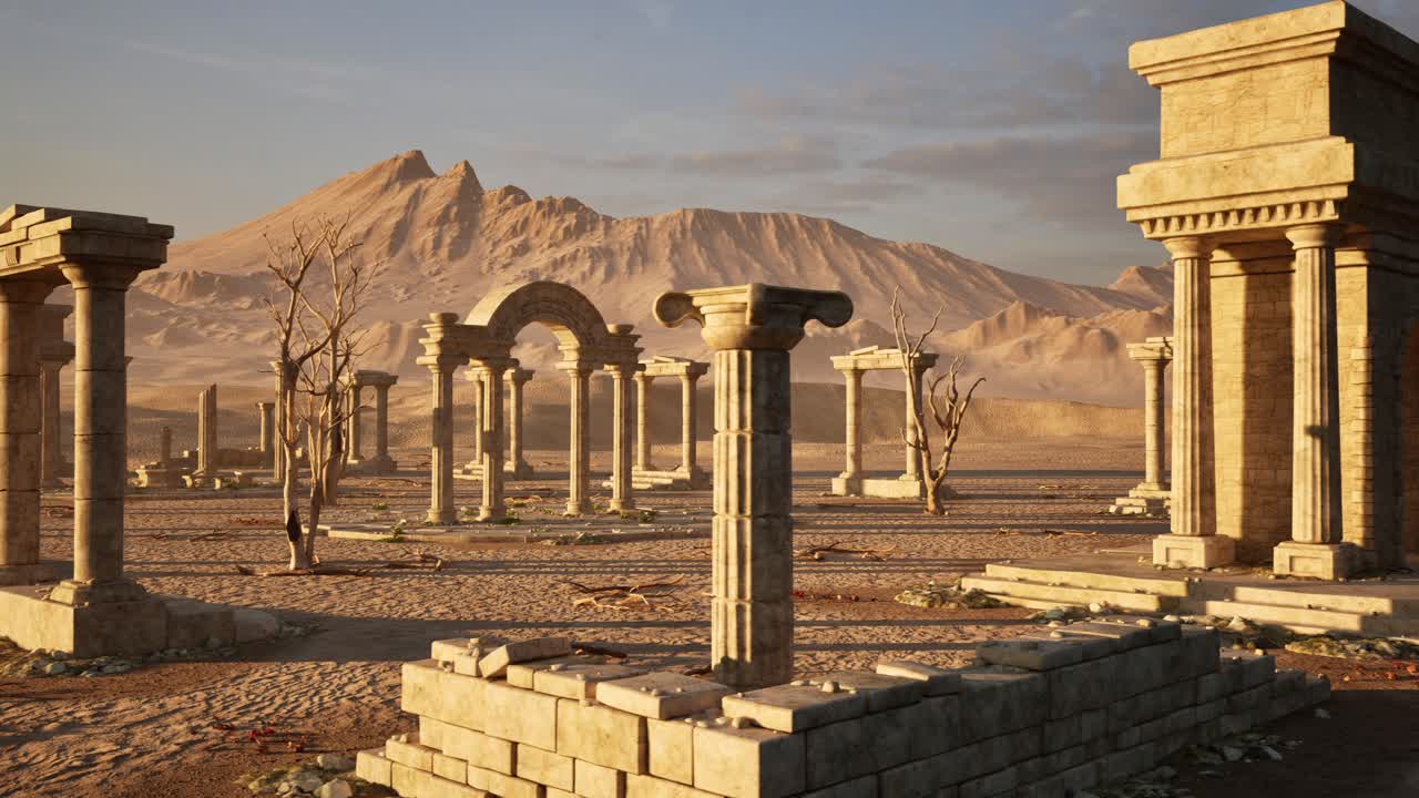 antiguas ruinas en el desierto al atardecer