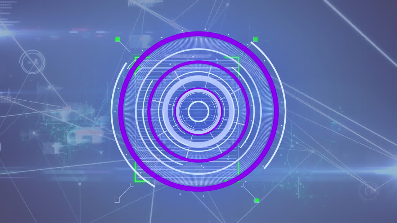 네온 둥근 스캐너, 연결 네트워크 및 파란색 배경에 대한 데이터 처리의 애니메이션