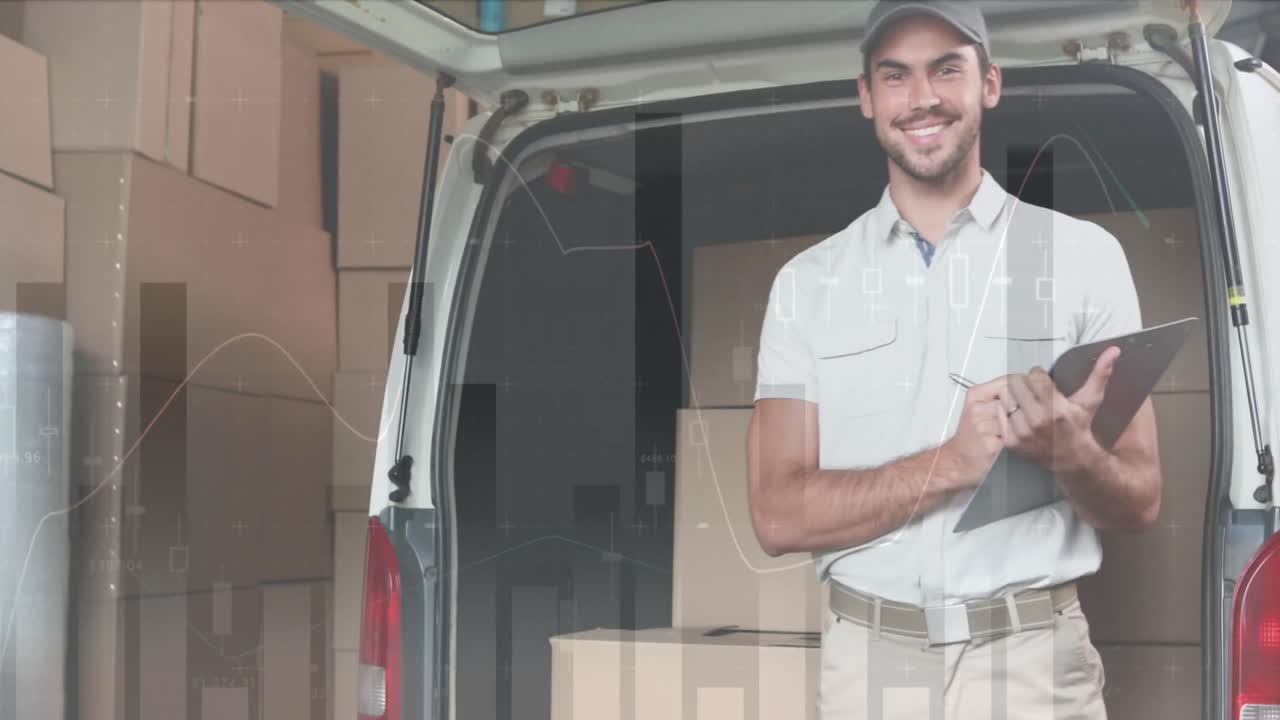 animación de estadísticas y procesamiento de datos sobre el repartidor con clipboard por furgoneta