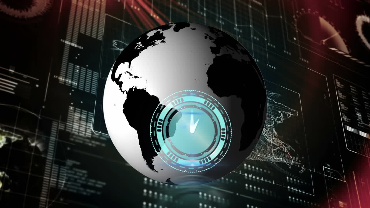 Animation of clock over globe and data processing on screen