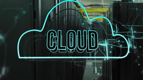 animazione di testo e icone cloud su server computerizzati.
