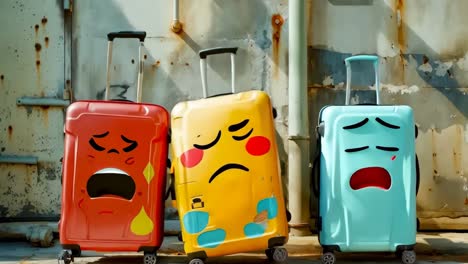 three suitcases with faces painted on them