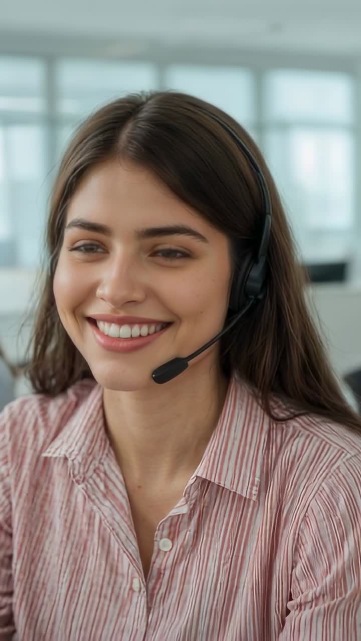 Vertical video: Agent in striped shirt receiving call smiling and listening in office, with headset