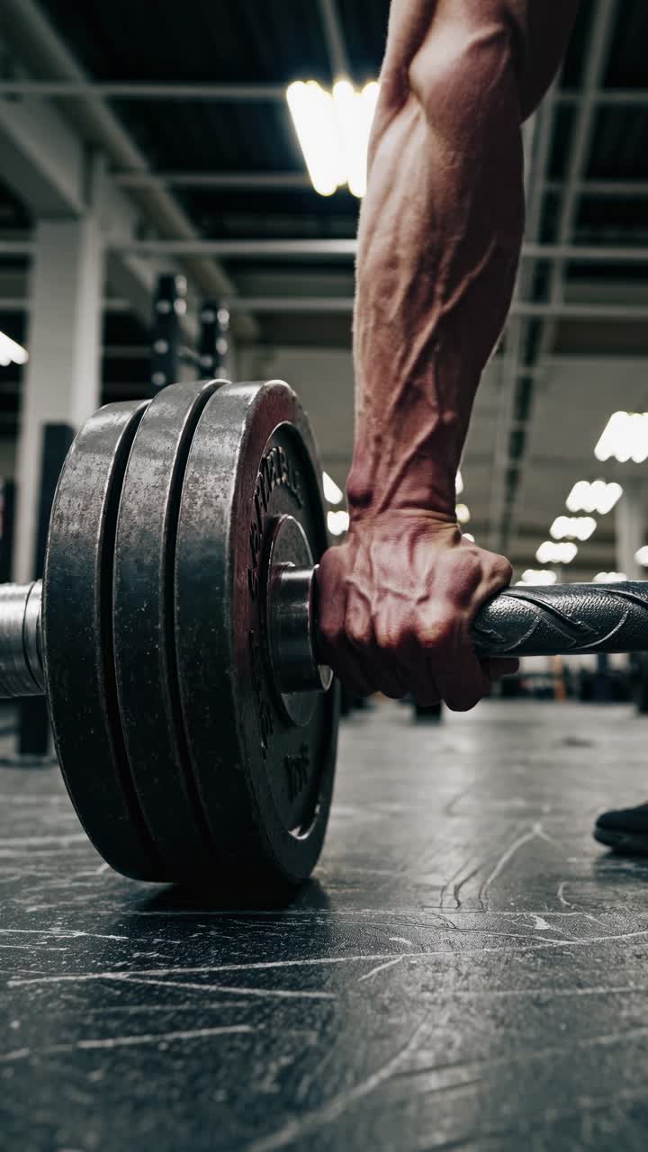 Low-angle shot of a barbell on a gym floor, capturing the gritty, industrial vibe