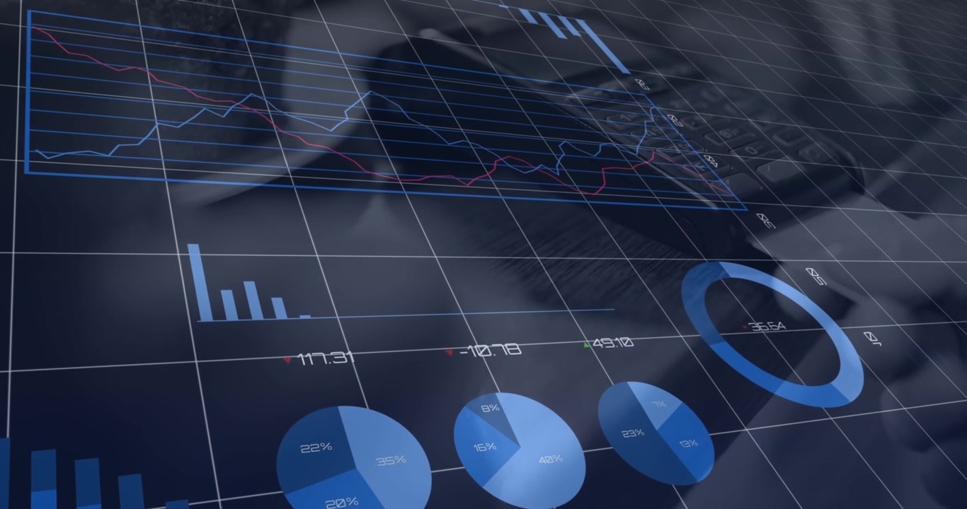 Animation of statistics and data processing on grey background
