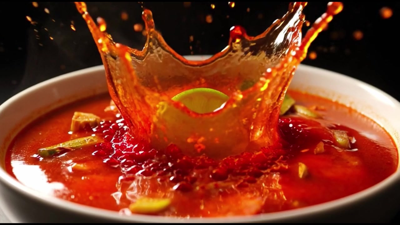 Fetta di lime che cade in zuppa rossa piccante creando uno schizzo
