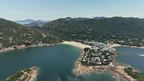 beautiful shek o village with beach in hong kong, 4k aerial view