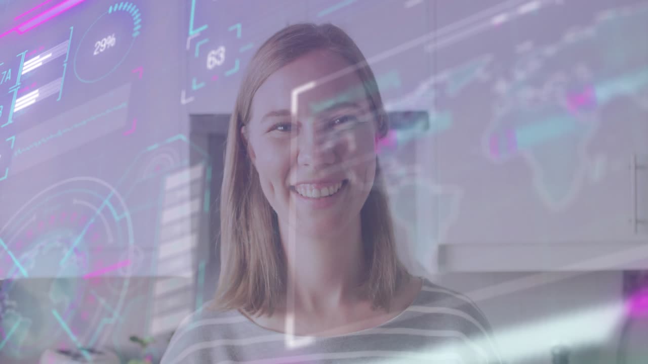 woman standing in kitchen watching data UI overlaying world map while monitoring fluctuating gauges