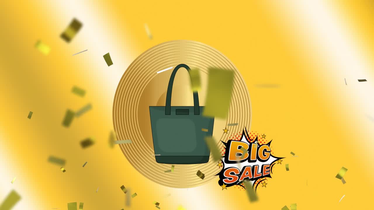 animación del icono del bolso de mano sobre fondo dorado