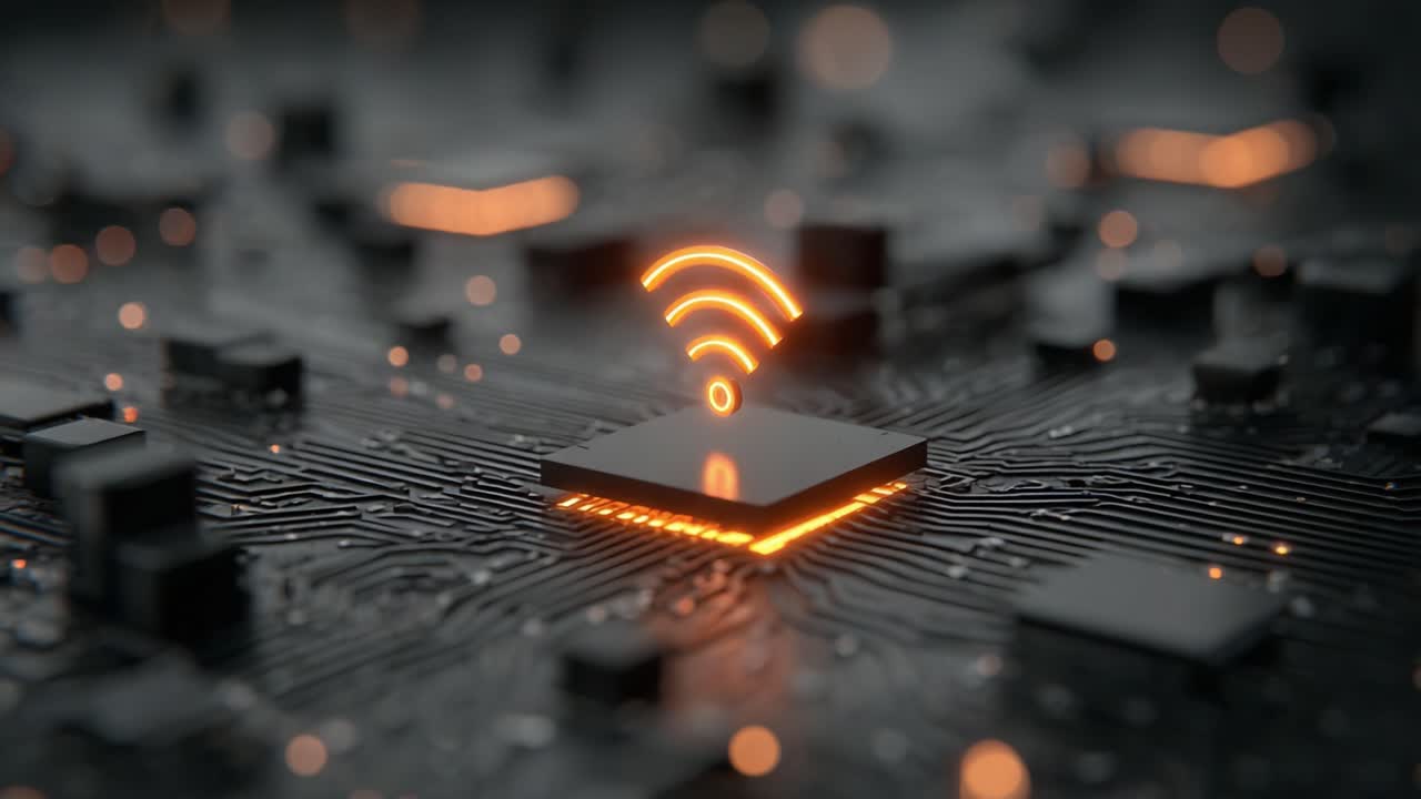 Exploring the Intricacies of Wireless Connectivity Represented by an Iconic Signal Over a Complex Circuit Board Design, Showcasing Technological Innovation and Future Potential