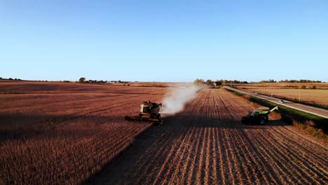 soybean harvest in the midwest from a drone with a new holland combine