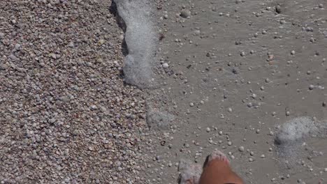 a barefoot person steps forward across textured wet sand scattered with small shells as white sea foam rolls over the shoreline. the scene shows coastal detail.