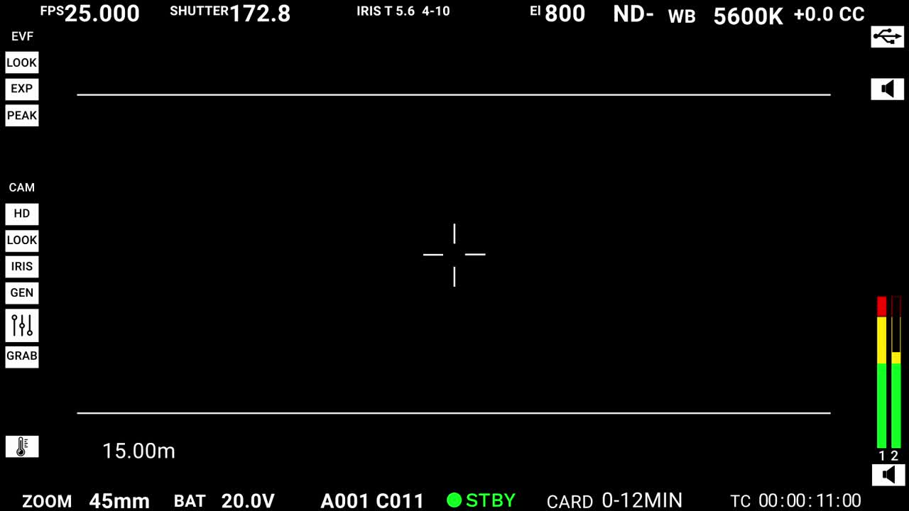 Horizontal 16:9 professional camera viewfinder screen with standby mode, detailed settings, and audio levels. For filmmaking or tech concepts