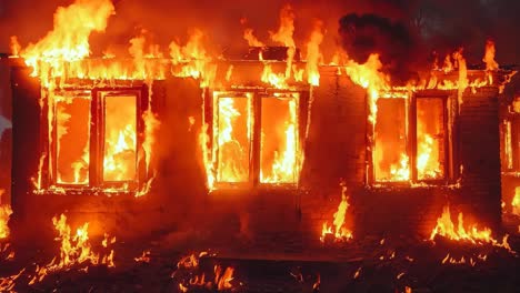 a house is engulfed by flames in the middle of a fire