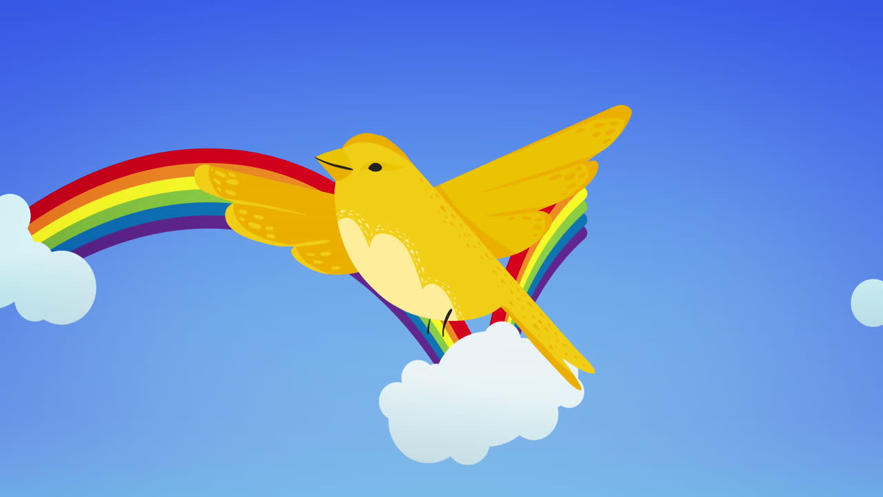 파란색 배경에 무지개 위를 날아다니는 새의 애니메이션