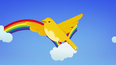 animación de un pájaro volando sobre el arco iris sobre un fondo azul