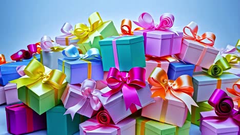 pile of colorful gift boxes with ribbons and bows