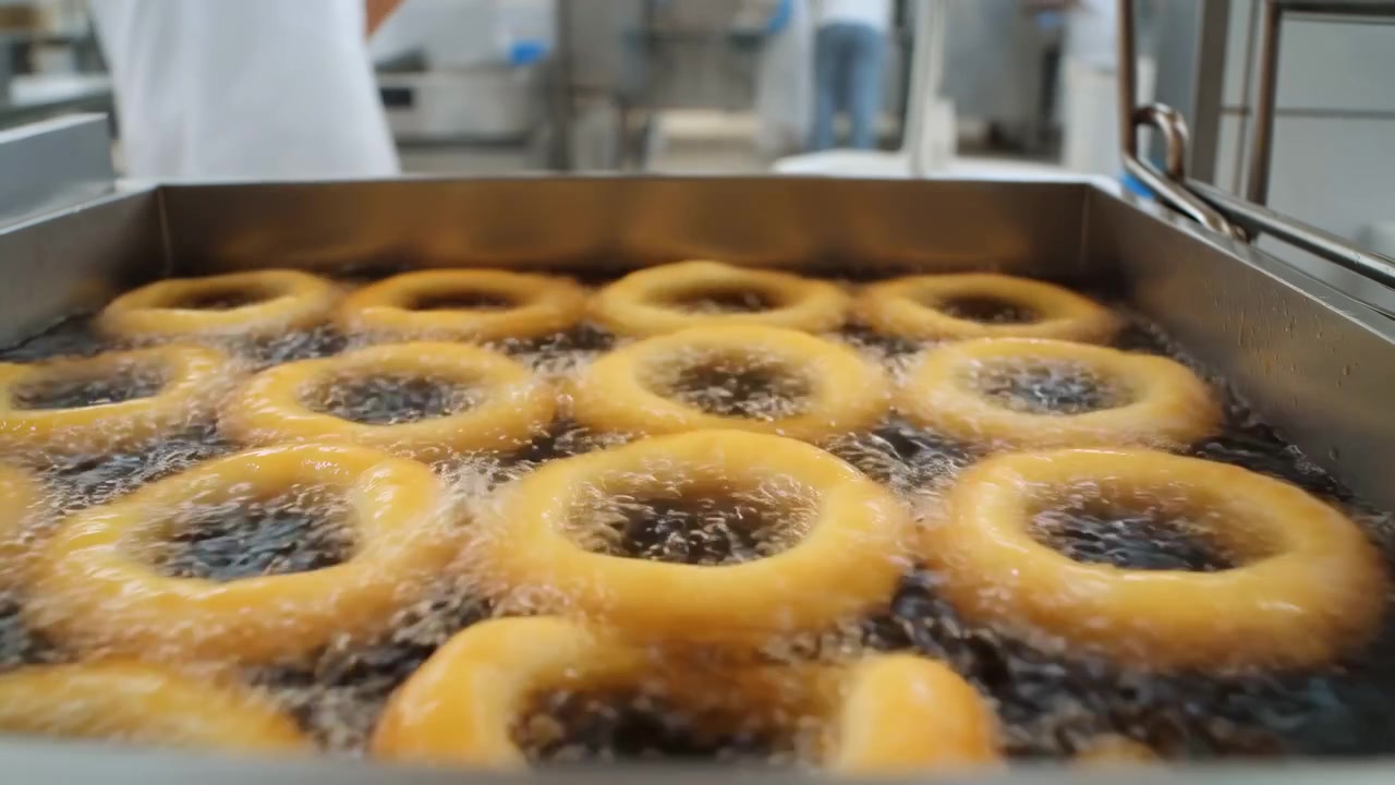 Pezzi di impasto a forma di anello friggono in olio bollente all'interno di una friggitrice in acciaio inossidabile in un ambiente di cucina commerciale, con superficie schiumosa, luce calda, lavoratori sfocati e un'atmosfera di produzione alimentare attiva.
