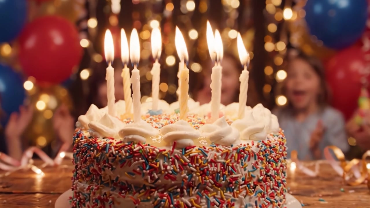 Deliziosa celebrazione con una torta di compleanno colorata circondata da bambini gioiosi e decorazioni festive con candele, coriandoli e palloncini