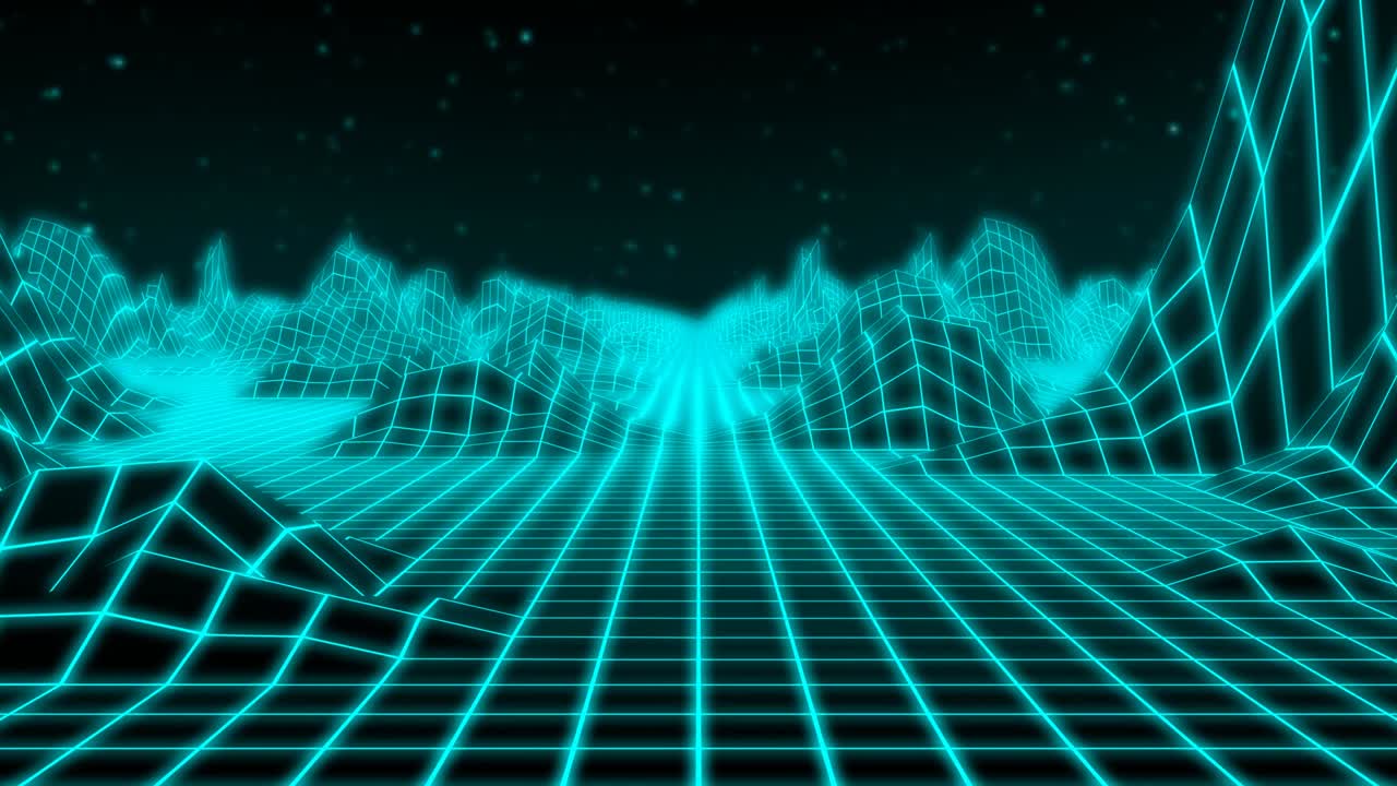 Fly through Retro 80s Landscape Low Poly Neon Mountains and Stars - 4K Seamless Loop Motion Background Animation