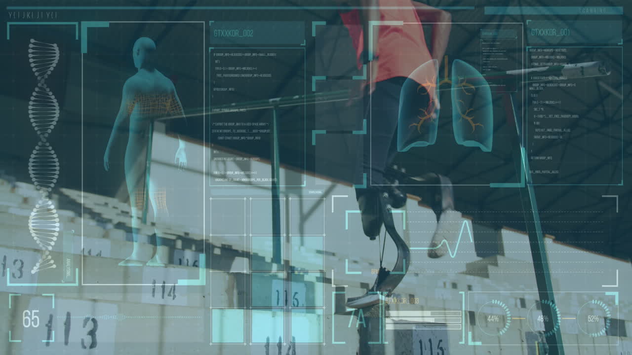 경기장에서 달리기 블레이드를 가진 장애인 남성 운동선수에 대한 디지털 데이터 처리 애니메이션