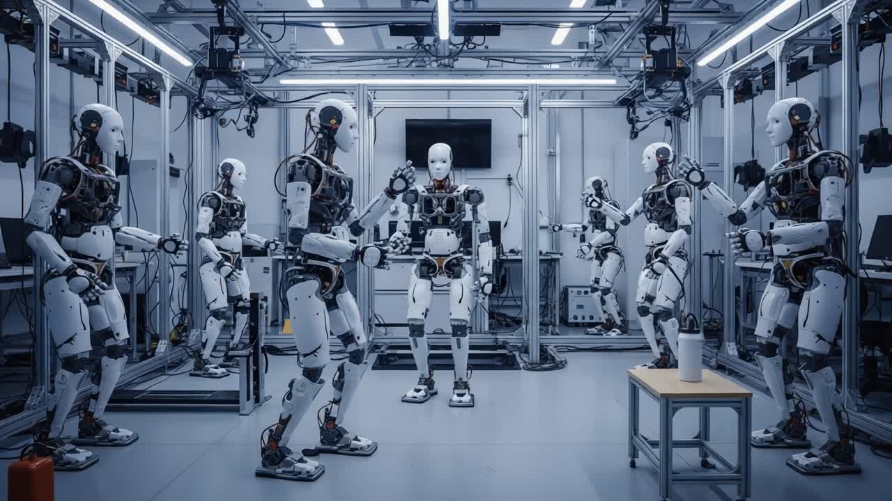 A Futuristic Robotics Laboratory Showcasing Advanced Humanoid Robots Engaging in Coordination Exercises and Interactions within a High-Tech Environment