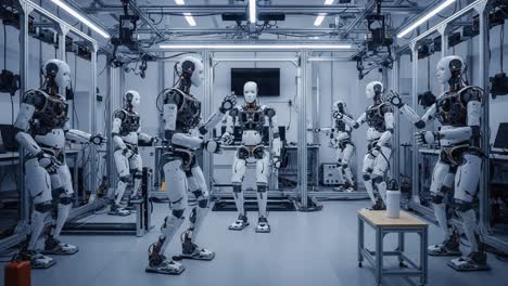 a futuristic robotics laboratory showcasing advanced humanoid robots engaging in coordination exercises and interactions within a high-tech environment