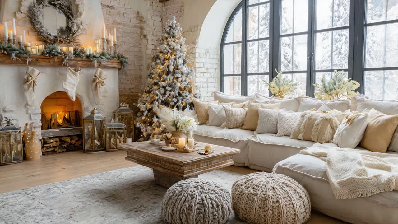 Cozy Winter Living Room Decor with a Beautiful Christmas Tree, Warm Fireplace, and Elegant Neutral Textiles Creating a Relaxing Holiday Atmosphere