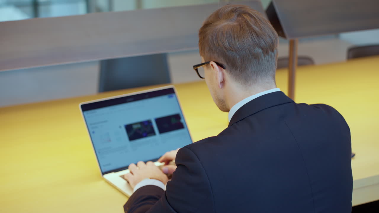 Back view of business man working on laptop PC sitting by the desk