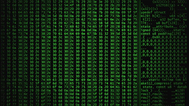 Uma tela de computador com dados rolando, com vinheta, tamanho médio