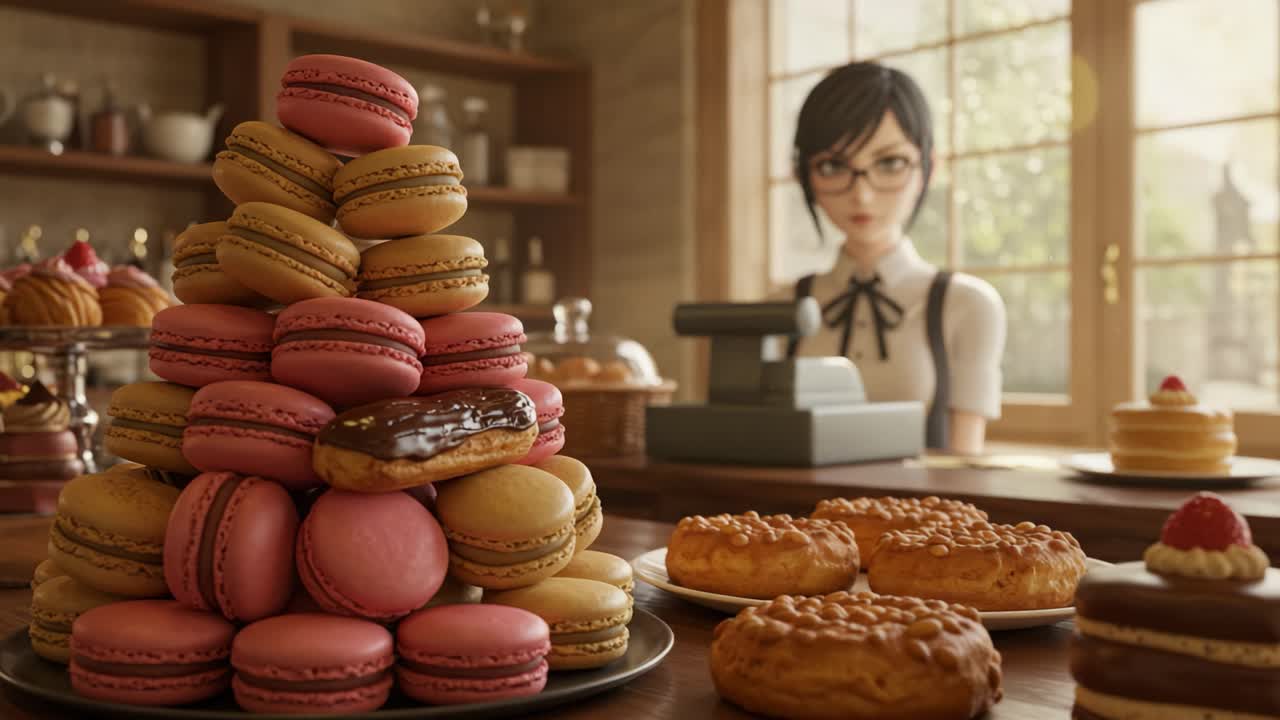 A Delicate Display of Colorful Macarons in a Cozy Bakery Setting: A Sweet Tale of Pastry Elegance and Culinary Delight