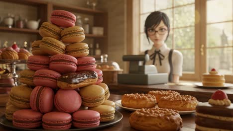 a delicate display of colorful macarons in a cozy bakery setting: a sweet tale of pastry elegance and culinary delight