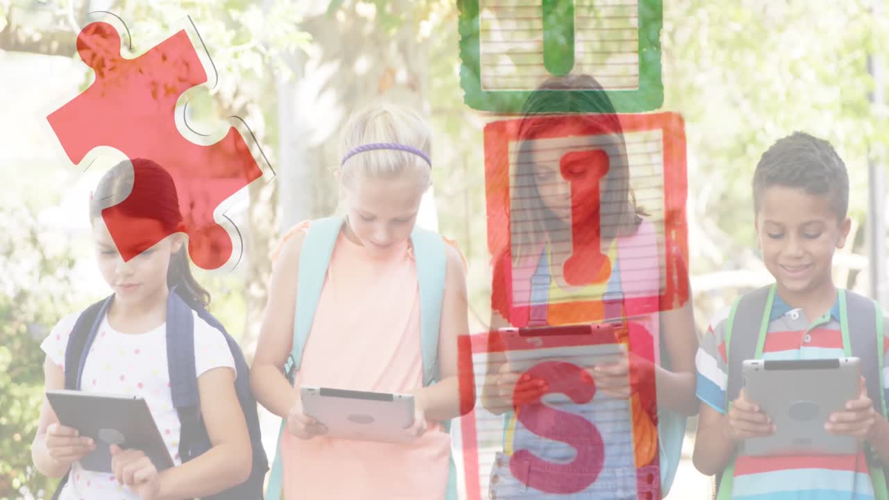 다채로운 퍼즐 조각과 블록의 애니메이션 아이들의 친구들이 전자 장치를 사용하여