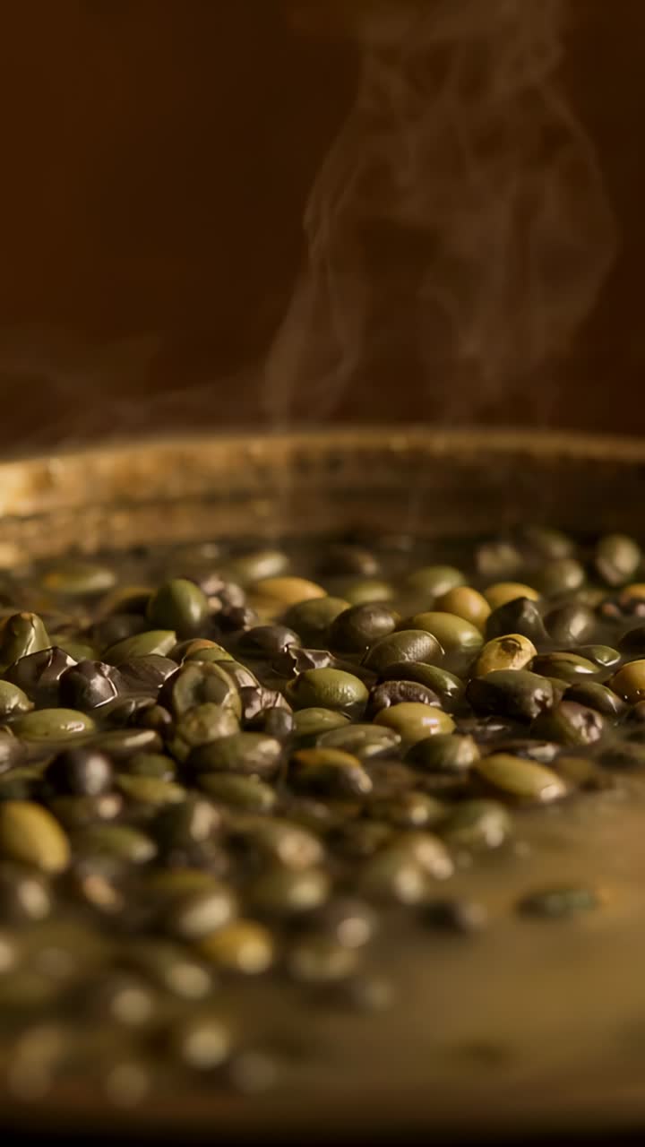Video verticale: la fotocamera mette a fuoco e rivela una padella poco profonda in cucina, mostrando il vapore e i fagioli dalla consistenza materica