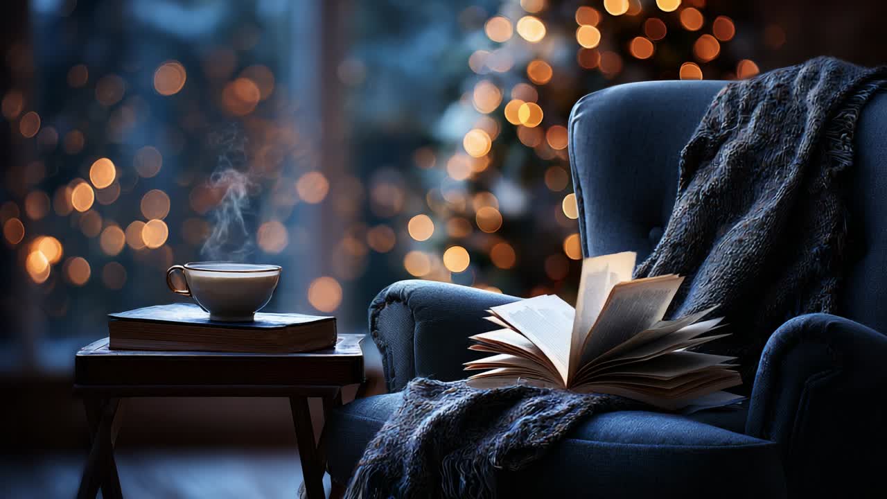 A Cozy Reading Nook with a Steaming Cup and Open Book, Perfect for Winter Evenings, Surrounded by Soft Glowing Lights and Warm Textures Creating an Inviting Atmosphere for Relaxation and Reflection