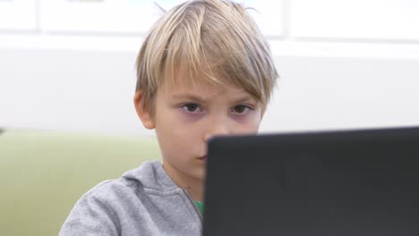 young school boy focused and reading on a laptop computer