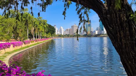 bangkok, thailand. benjakitti park lake and modern towers on hot sunny day