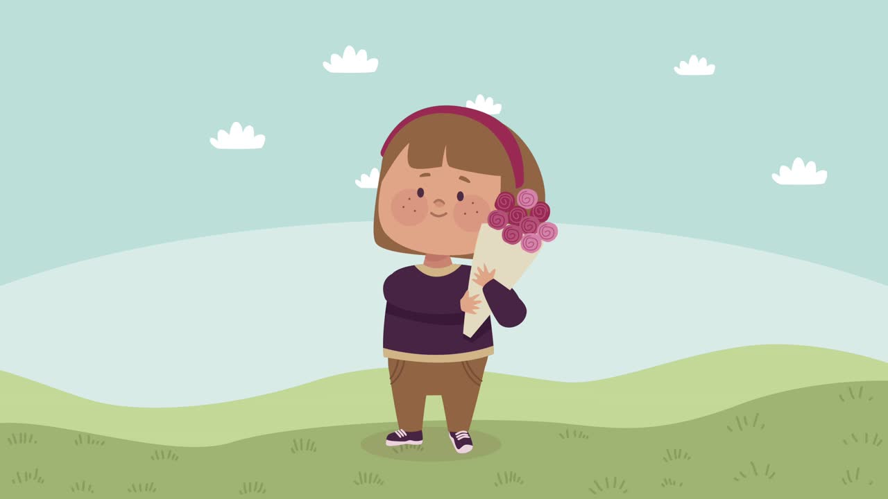 niña amante con flores animación de personajes