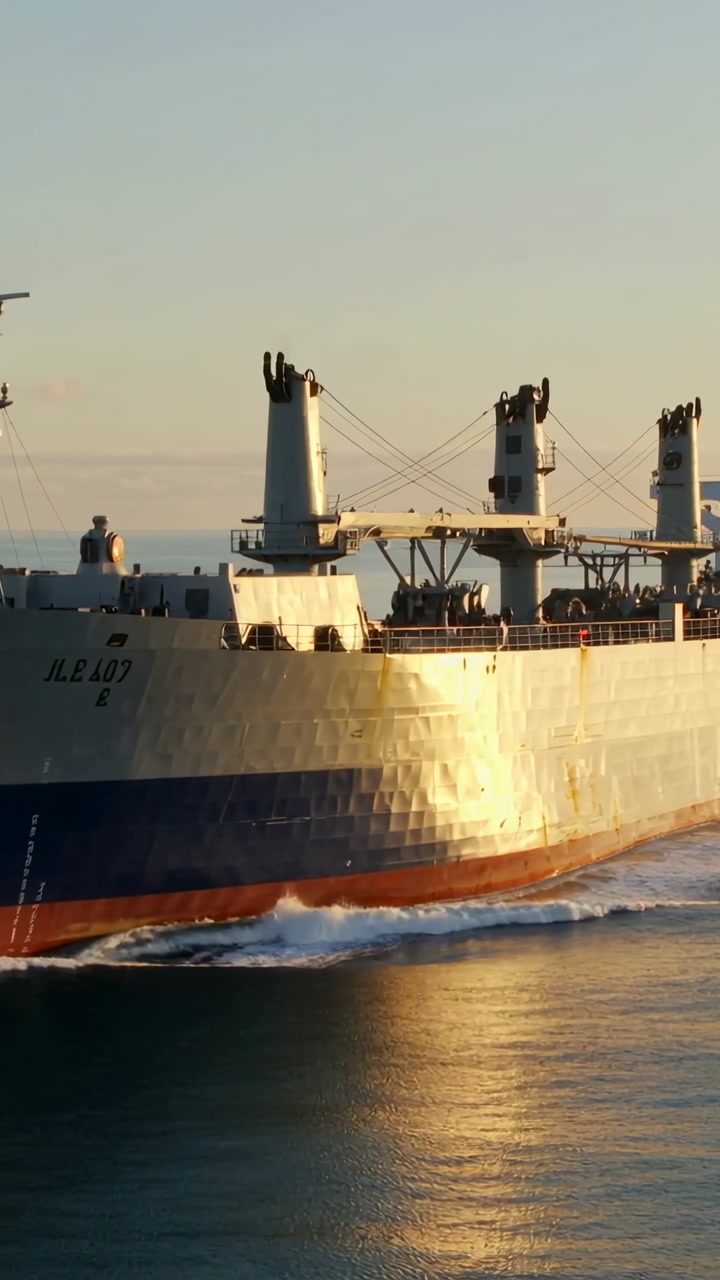 Vertical video: Cargo ship engines powering forward crew watching hauling cargo with wake trailing