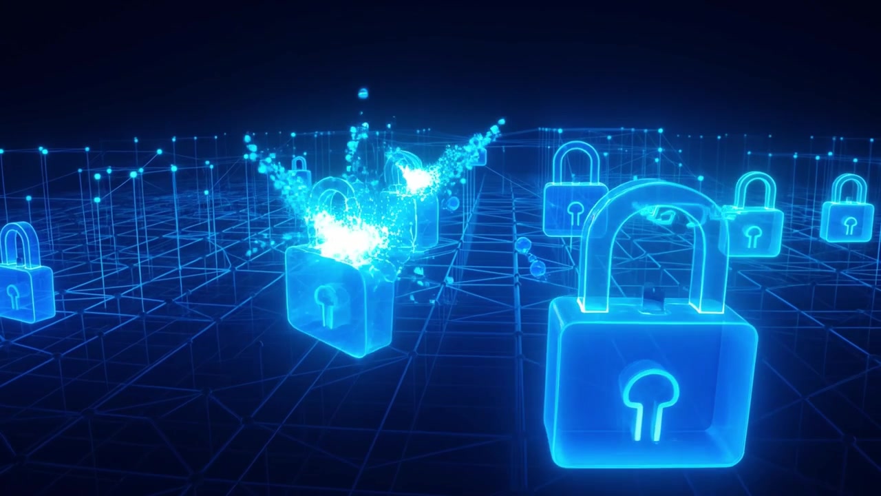 Digital Padlocks Breaking on a Network Grid Representing Cybersecurity Breach