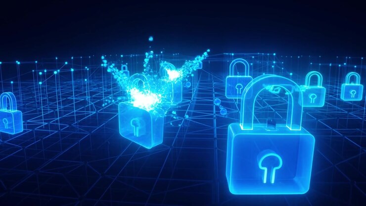 Digital Padlocks Breaking on a Network Grid Representing Cybersecurity Breach