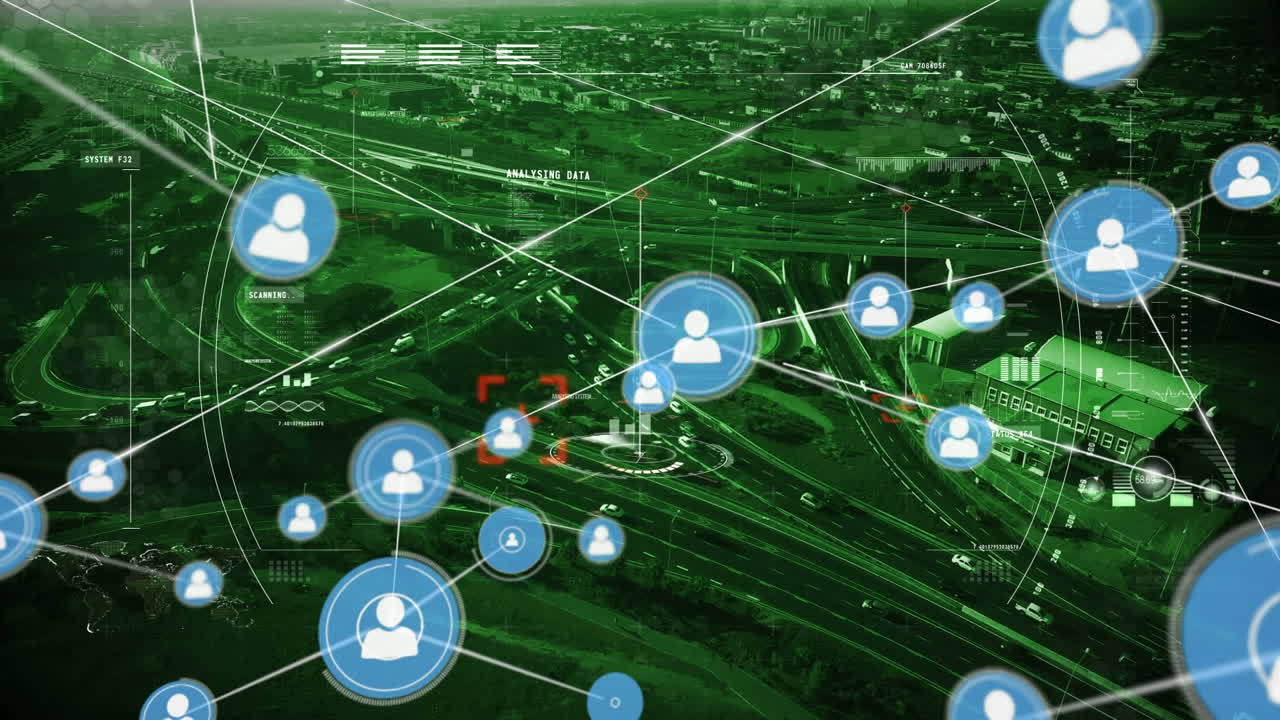 animación de la red de conexiones con iconos sobre el paisaje urbano