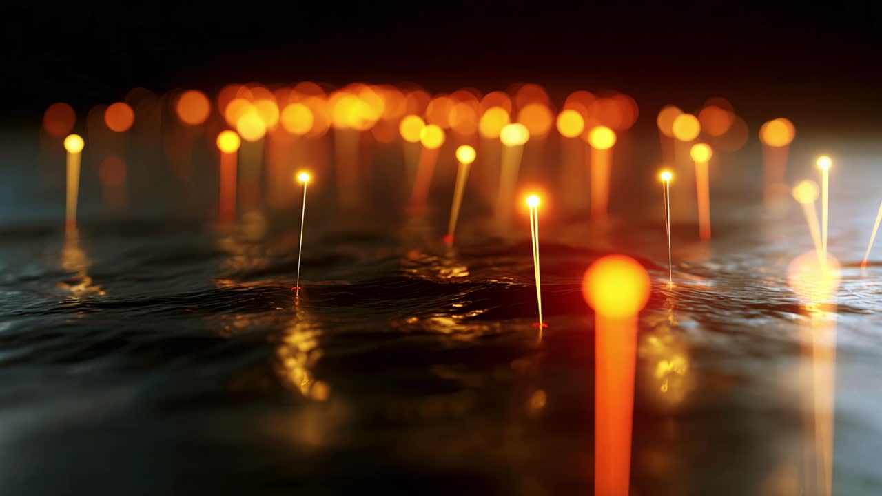 A mesmerizing display of glowing light reflections on tranquil water, where vibrant luminescent elements create an enchanting atmosphere that captivates and inspires awe